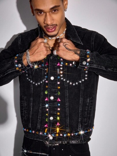 Street Life Camicia in denim casual e ampia con applicazioni di strass, per uomo, per l'autunno