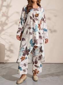 EMERY ROSE 大码女式度假植物印花长袖不对称下摆长款上衣和裤子休闲两件套秋季女装冬季女装乡村风格 - 彩色 - 查看 5