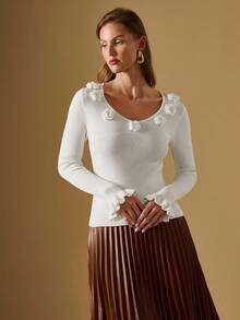Briarwyn Women's 3D Floral Decor White Sweater,Elegant Long Sleeve Crew Neck Ribbed Knit Top,Autumn Clothes For Dates,Christmas New Year Old Money Style - White - View 4