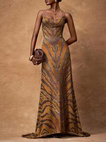 Zivah 2025 夏秋新款，适合生日派对、返校、校园风、日常穿着、休闲、邮轮旅行、海滩、日光浴、时尚、街头风、优雅、通勤、商务休闲、派对、宴会等场合，金属链条肩带可调节长度，性感露背，褶皱设计，修身剪裁，斑马纹印花长裙 - 彩色 - 查看 1