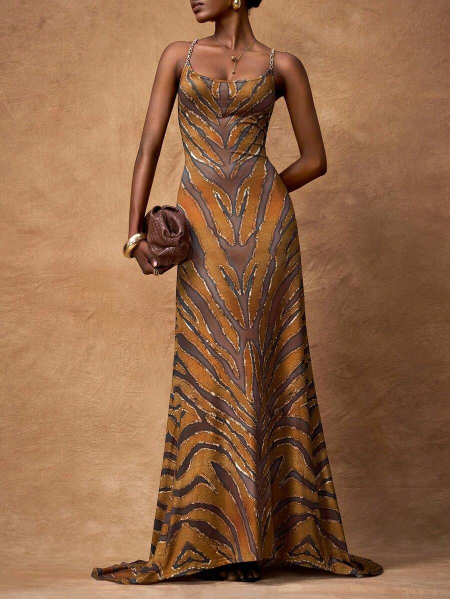 Zivah 2025 夏秋新款，适合生日派对、返校、校园风、日常穿着、休闲、邮轮旅行、海滩、日光浴、时尚、街头风、优雅、通勤、商务休闲、派对、宴会等场合，金属链条肩带可调节长度，性感露背，褶皱设计，修身剪裁，斑马纹印花长裙 - 彩色 - 查看 1