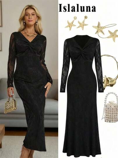 Rafferiza French Vintage Black Lace Dress: Twist Front Deep V-Neck Long Sleeve Midi Dress, Elegant Pure Desire Sheath Dress With Back Slit For Party & Dating Elegant Black Lace Mesh Dress: Long Sleeve Deep V-Neck Ruched Front Midi Dress, Bodycon Sheath Dress With Back Slit For Office & Evening Y2K Black Lace Bodycon Dress: Long Sleeve Twist Front Deep V-Neck Midi Dress, Edgy Cute Sheath Dress With Back Slit For Street & Party