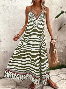 EMERY ROSE Women's Leopard Print Loose Maxi Slip Dress, Elegant For Daily Wear And Vacation, Summer - Army Green - View 4