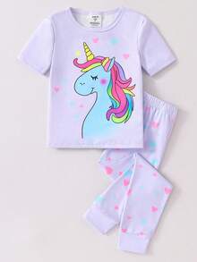 Young Girl Unicorn Glow Pattern Short Sleeve Jumpsuit 2Pcs Loungewear Set, Light Pink - Mauve Purple - View 6
