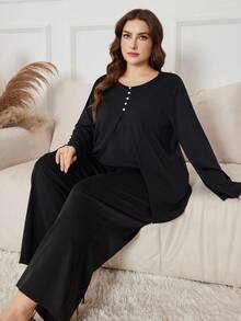 Lacomfia 2pcs/Set Plus Size Solid Color Round Neck Long Sleeve Top And Elastic Waist Wide Leg Pants, Casual Outfit For Spring/Autumn - Black - View 4