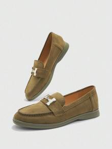 CUCCOO BIZCHIC 女士时尚军绿色舒适平底乐福鞋，适合度假、休闲穿着和日常通勤 - 橄欖綠 - 查看 3