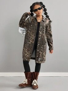Tween Girls' Y2k Fashion Cool Leopard Print Denim Lapel Long Sleeve Distressed Ripped Long Jacket Fall Winter,For Girls Fall/Winter Dailywear Costume,Girls Streetwear Outfits,Halloween And Christmas Outfits,Girls Winter Jacket,Teen Jacket,Winter Clothes