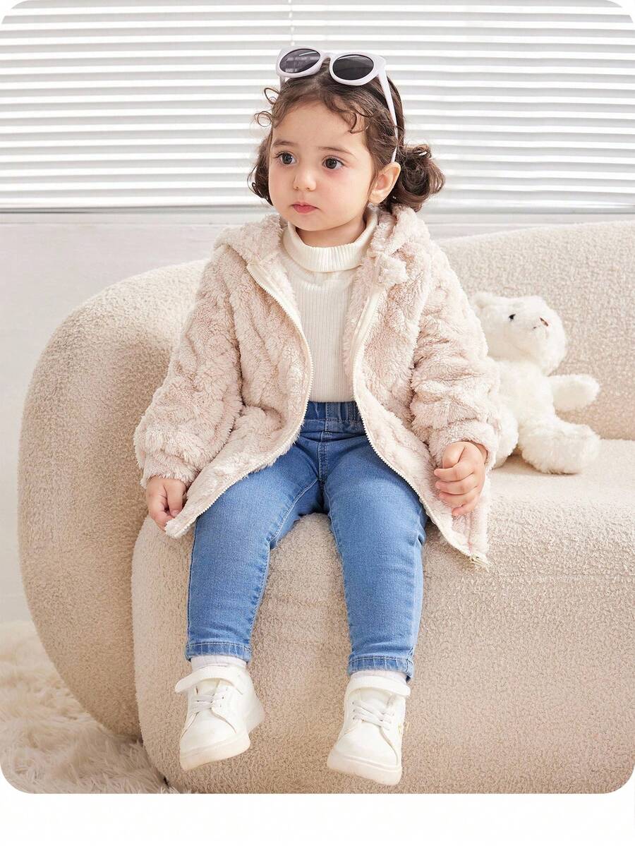 女婴长袖纹理羊毛连帽夹克，适合外出和聚会，秋冬季 - 杏色 - 查看 1