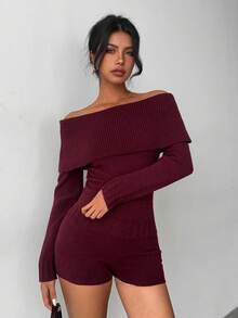 Aloruh 红色露肩针织毛衣和针织短裤套装，休闲家居服和户外装 - 酒紅色 - 查看 7