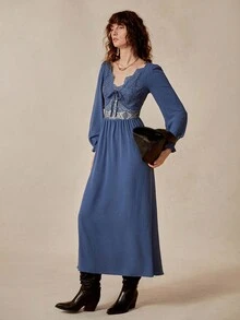 Chiquease Women's Elegant Bohemian Lace Patchwork Bowknot Dress - Blue - View 7