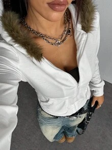 Jeanoix Áo khoác nỉ có mũ trùm đầu dành cho nữ, Áo khoác dáng ôm cổ điển gợi cảm - trắng - Xem 5