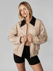 MISSGUIDED Áo khoác bomber cổ bẻ phong cách cổ điển, nhẹ, ngắn, có khóa kéo, trang phục thường ngày, cổ điển, thời trang mùa thu đông - Màu Khaki - Xem 3