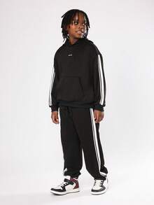 SUMWON Youth Boys Sporty Two Piece Outfit Side Stripe Hoodie Sweatpants Set With Centre Pocket Drawstring For School Daily Casual Wear Fall Winter - Black - View 1