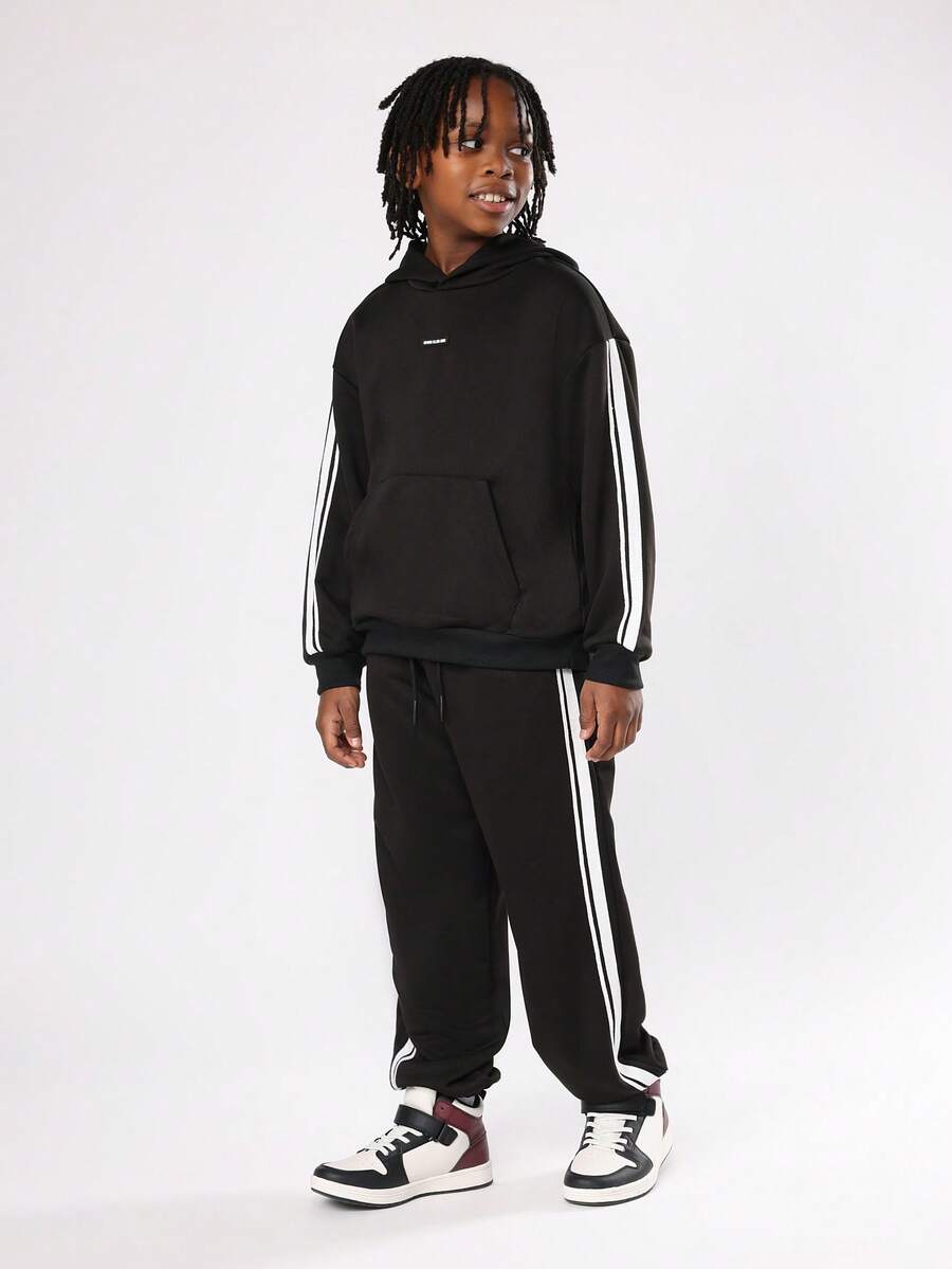SUMWON Youth Boys Sporty Two Piece Outfit Side Stripe Hoodie Sweatpants Set With Centre Pocket Drawstring For School Daily Casual Wear Fall Winter - Black - View 1