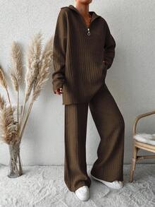 EURMUSE Drop Shoulder Zipper Half Open Knitted Sweater And Pants Two Piece Set - Rust Brown - View 3