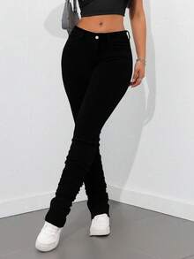 SHEIN ICON Plus Size Women Spring High Waist Skinny Personalized Fashion Jeans - Black - View 4