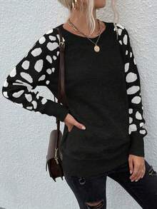 EMERY ROSE Suéter de cuello redondo de manga larga con patrón de color contrastante para mujer