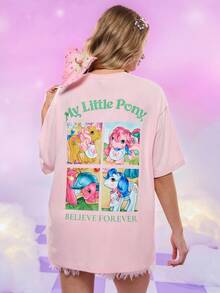 My Little Pony X SHEIN Women's Cute Pony Print Drop Shoulder Short Sleeve T-Shirt, Summer - Pink - View 4