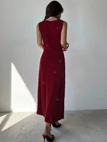Firerie Váy lụa bóng cổ trễ thanh lịch thường ngày cho nữ màu đỏ tía/Trang phục dự tiệc/Váy dự tiệc cưới/Váy dạ hội/Quần áo mùa thu cho nữ/Váy năm mới cho nữ/Váy dự tiệc/Tiệc hóa trang/Váy lễ hội/Váy năm mới/Váy tốt nghiệp/Váy bóng/Váy đỏ cho nữ/Váy đỏ tía - Màu Hoa hồng đỏ - Xem 5