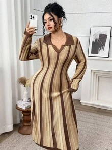 Modelyn 秋季大码女式条纹休闲针织长袖领口连衣裙 - 咖啡棕 - 查看 6