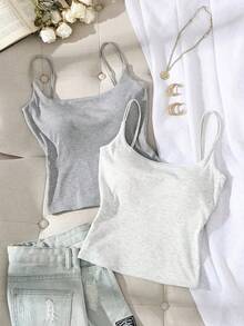Attitoon 2pcs/Set Multicolor Short Tight Sports Bra Camisole With Back Detail, Suitable For Activewear And Casual Layering - Multicolor - View 5