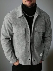 Manfinity Homme Mantel Pria Warna Polos Lengan Panjang dengan Saku Serbaguna, Kancing Depan, Kasual, Abu-abu, Gaya Klasik, Musim Gugur/Musim Dingin - Grey - View 3