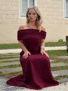 Jeta Ari 女士优雅简约精致浪漫时尚派对度假通勤露肩高腰 A 字长裙，灰色长裙 - 酒紅色 - 查看 6