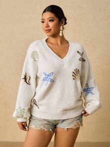 SHEIN VCAY Suéter de punto informal con temática oceánica, talla grande, otoño/invierno - Blanco - Ver 7