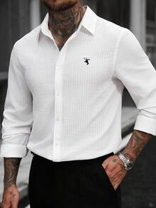 Manfinity Homme 男士白色提花条纹休闲商务刺绣长袖衬衫，秋季 - 白色 - 查看 5