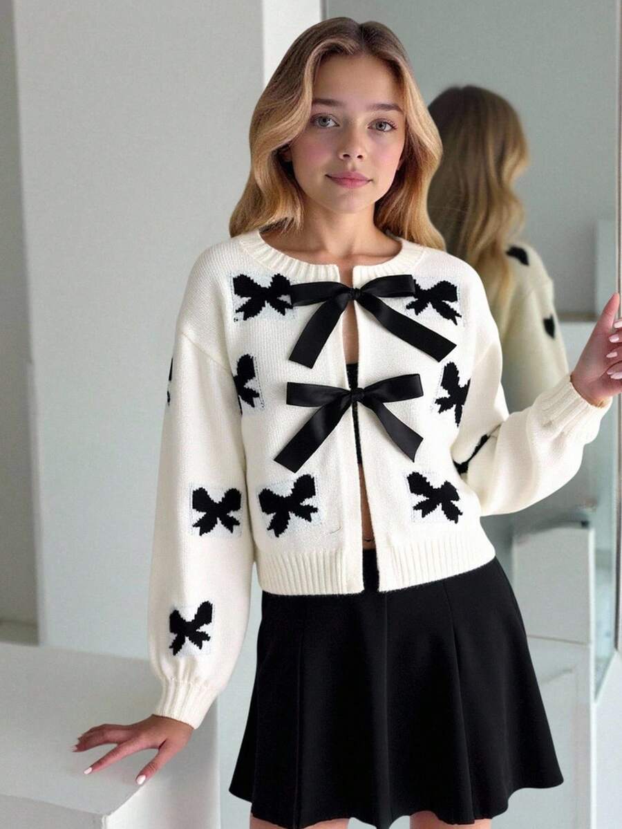 SHEIN 青少年女孩休闲日常可爱蝴蝶结刺绣黑白开衫 - 黑與白 - 查看 1