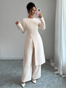 Elenzga Bộ 2 áo dài tay cài nút phía trước màu trơn và quần dài thanh lịch - Màu be - Xem 4