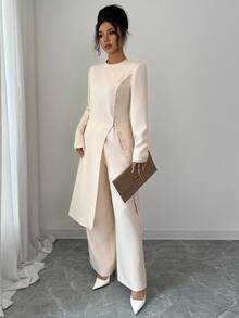 Elenzga Bộ 2 áo dài tay cài nút phía trước màu trơn và quần dài thanh lịch - Màu be - Xem 5