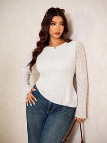 Elaquor Women Plus Size Asymmetric Hem Solid Color Long Sleeve T-Shirt, Minimalist Spring - White - View 6