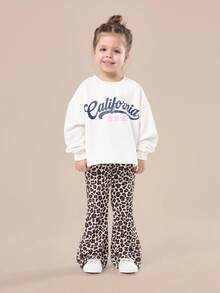 SUMWON Girls California Leopard Print Co-Ord Set Long Sleeve Sweatshirt Flared Pants Two Piece Fall Winter Fashion Outfit - Apricot - View 1