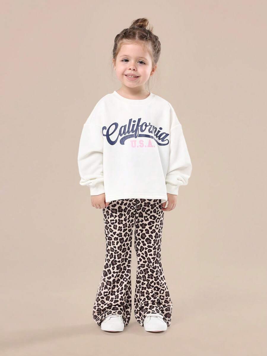 SUMWON Girls California Leopard Print Co-Ord Set Long Sleeve Sweatshirt Flared Pants Two Piece Fall Winter Fashion Outfit - Apricot - View 1