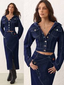 Selenza 女士时尚通勤短款牛仔夹克 - 藍色 - 查看 1