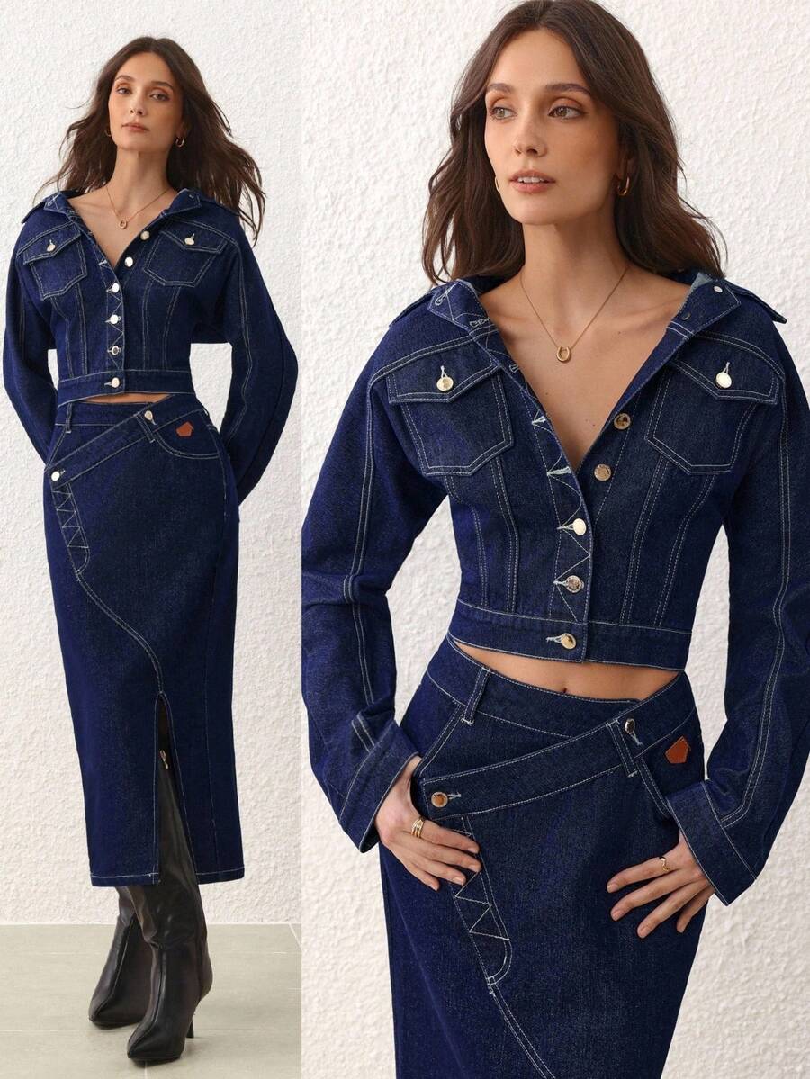 Selenza 女士时尚通勤短款牛仔夹克 - 藍色 - 查看 1