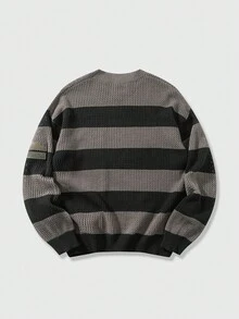ROMWE Men's Casual Colorblock Striped Sweater, Autumn/Winter, Grunge Style - Black - View 2