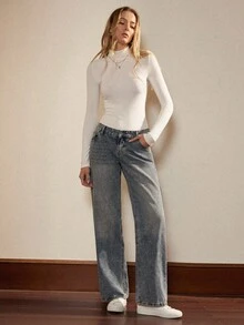 Écloséra Women's Casual Washed Low Waist Straight Leg Jeans - Blue - View 1