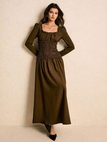 Poéselle Vestido largo de unicolor elegante con cintura ceñida, adecuado para ir al trabajo - Café integral - Ver 8