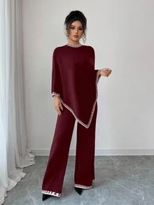 Elenzga 女士休闲宽松斗篷设计上衣和宽松撞色裤子针织两件套 - 酒紅色 - 查看 5