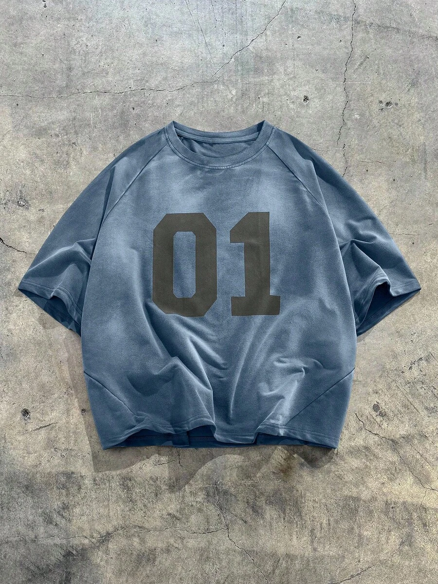 EASEVO Große Größen Herren Sommer Raglan Ärmel Säurewasch Pferde Muster Rundhals T-Shirt