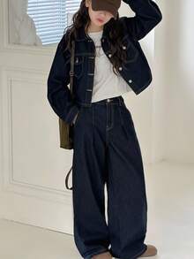 2件套青少年女孩海军蓝牛仔翻领长袖宽松裤套装