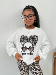 SHEIN 青少年女孩时尚休闲家居服和户外针织圆领运动衫和喇叭裤套装，印花图案 + 花卉喇叭裤 - 彩色 - 查看 3