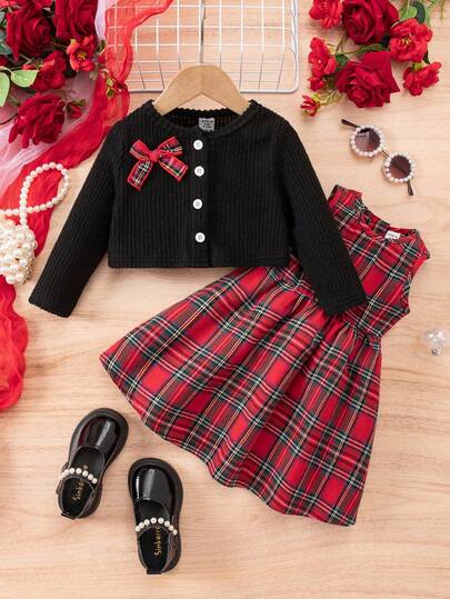 Babygirl 可爱格子连衣裙搭配夹克，校园风