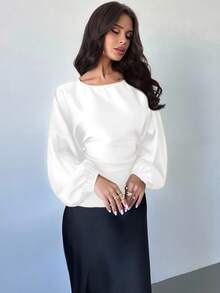 Firerie 女士新款优雅浪漫休闲都市通勤时尚百搭咖啡棕色圆领蝙蝠袖长袖系带X型修身衬衫，适合教师穿着，春夏秋季皆宜 - 白色 - 查看 4