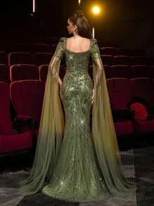 Glamrae فستان أنيق فاخر أخضر زيتوني بياقة مربعة وأكمام طويلة مرصع بالترتر شفاف بتصميم حورية البحر، مناسب للزفاف والحفلات والمناسبات الرسمية والسهرات الراقية وحفلات الضيوف