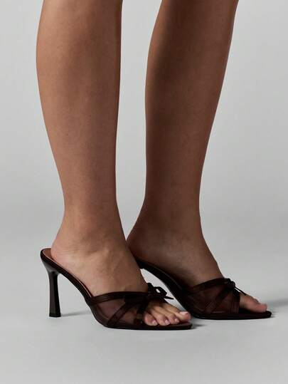 MISSGUIDED Sandalias de tacón alto con panel de malla, detalle de lazo y correa cruzada para eventos, fiestas, bodas, ocasiones especiales, verano y primavera