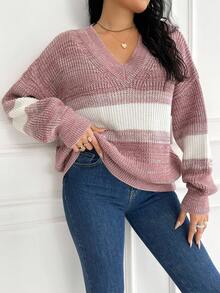 EURMUSE Suéter oversize de hombros caídos con bloques de color, para invierno - Rosa vieja - View 5