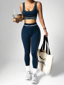 Dewbera 2件套女士运动胸罩和紧身裤套装 - 藏蓝色 - 查看 8